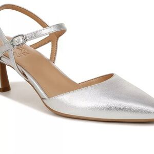 Naturalizer Tara pointed toe ankle strap pumps in silver metallic